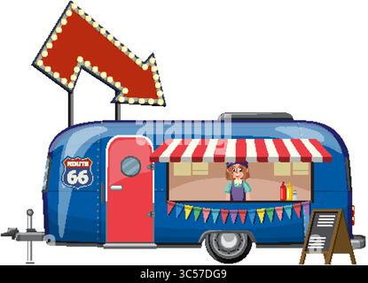 Farbenfrohe Vektorillustration eines Vintage Food Trucks mit Route 66 Thema, mit lebhaften Farben und verspielten Designelementen Stock Vektor