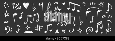 Handgezeichnetes Notenset. Niedliches Musiksymbol, Melodiebild und Soundsymbol im Sketch-Stil mit Kreide für Kinder. Zeichentricktextur, verspielte Kunstdekoration auf Tafel Hintergrund. Vektorabbildung Stock Vektor