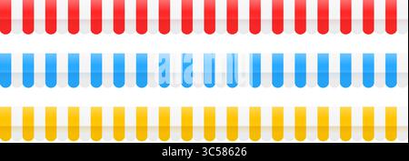Set aus gestreiftem Ladenzelt mit wiederholtem Design. Speichern Sie die Sammlung für das Muster der Fenstermarkise. Dachdeckerpaket für Café oder Restaurant. Rote, blaue, gelbe Abdeckung für den Marktplatz. Sich wiederholendes, gestreiftes Sonnenschutzdesign. Vektor Stock Vektor