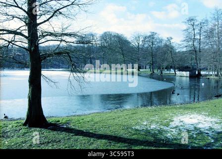 PZ Site, Santpoort-Zuid [Provincial Hospital], Santpoort-Zuid, 09-02-1999 Whizgle News, Dutch Desk, Niederlande, 1950-2000 Eine ruhige Landschaft mit einem teilweise gefrorenen See umgeben von blattlosen Bäumen. Die Szene fängt eine ruhige Atmosphäre mit Grasflecken ein, die durch den Schnee ragen, und Enten, die in der Nähe des Ufers schwimmen. Sanfte Wolken ziehen über sich und vervollständigen die friedliche Umgebung. Stockfoto