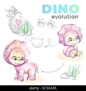 Baby-Dino mit Wasserfarbenmuster und Ei und Mutter für Kinderzimmer. Cartoon und süße Dinosaurier für Druck, Tapete, Stoff Stock Vektor