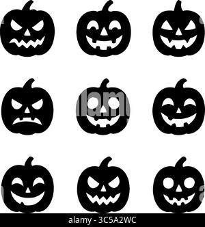 Ein Gitter aus neun schwarzen, stilisierten Halloween Jack o Laternen. Jeder Kürbis hat ein einzigartiges geschnitztes Gesicht, das eine Sammlung von gruseligen und festlichen Symbolen schafft Stock Vektor