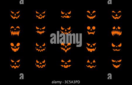 Ein Gitter aus zwanzig geschnitzten Kürbissen mit beleuchteten, bedrohlichen Gesichtern, vor einem dunklen, sternenklaren Nachthimmel. Stock Vektor