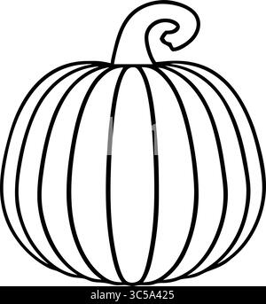 Eine schwarz-weiße Linienzeichnung eines klassischen Kürbis mit vertikalen Rippen und einem markanten gewellten Stiel, perfekt für herbstliche Handwerkskunst. Stock Vektor