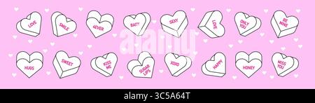 Herzbonbons-Kollektion mit Valentinsmeldungen – weiße Konversationsherzen mit süßen Worten. Schwimmende Liebesbonbons mit Glitzern für romantische Festmotive auf rosa Hintergrund. Stock Vektor