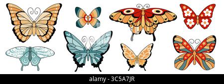 Grooviges Schmetterlingsset mit Monarch und Streifen, Flügeln mit geometrischem Muster, Motte mit Augenflecken und Blumendesign, luna mit Kreisen und Blumenflügel, Sternenmuster und Wirbel für Hippie-Kunst Stock Vektor