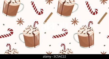 Nahtloses Muster aus heißer Schokolade. Heißgetränk mit Zuckerrohr für weihnachtliches Design. Vektorabbildung Stock Vektor