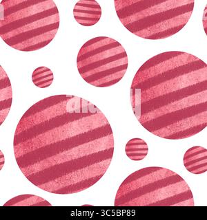 Rote, strukturierte Kugeln mit diagonalen Streifen. Nahtloses Aquarellmuster isoliert auf weiß. Verspieltes minimales Design, geeignet für Kinderprodukte Stockfoto