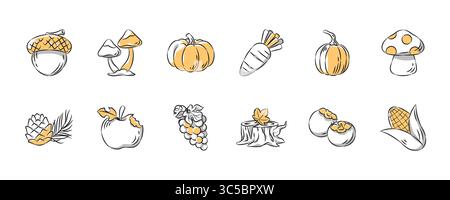 Handgezeichnete Icon-Kollektion im Herbst. Satz 2 von 3. Vektorabbildung. Stock Vektor