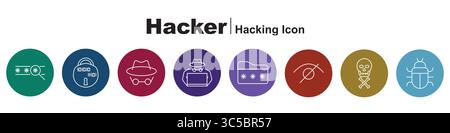 Hacker-Piraterie-Datenschutzvektoren Einzelstrich-Symbole mit farbigem Hintergrund Stock Vektor