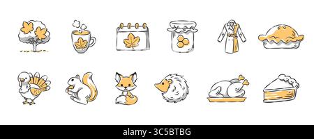 Handgezeichnete Icon-Kollektion im Herbst. Satz 3 von 3. Vektorabbildung. Stock Vektor