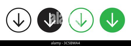Download-Symbol PNG. Satz von Kreissymbolen für den Pfeil nach unten in Schwarz weiß und Grün für die Download- oder Navigations-UI Stock Vektor