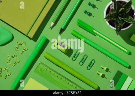 Knolling Schreibwarenkomposition im grünen Thema. Spiralnotiz, Stifte, Bleistift, Spitzer, Haftnotizen, Radierer, Büroklammern, Steckstifte Stockfoto
