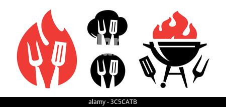 Barbecue Grill Set von Symbolen, Symbolen. Kochen im Freien Emblem. Street-Fast-Food-Konzept. Restaurant oder kulinarisches Konzept Stock Vektor