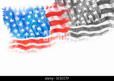 Flagge von Amerika, handgezeichnet, Aquarellmalerei auf weißem Hintergrund. Gemalter impressionistischer Stil Stockfoto