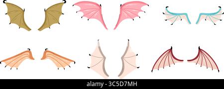 Farbenfrohe Drachen- oder Fledermausflügel. Gewebte Teile mythischer Tiere. Karnevalskostüm. Festival Maskerade. Gargoyle-Attribut. Pterodactyl-Reptil Stock Vektor