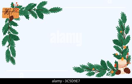 Weihnachtsbanner mit Weihnachtsbaumgirlanden-Ecke. Nadelzweige. Weihnachtsgeschenke. Weihnachtskerzen und Sterne. Botanische Neujahrsdekoration. Conifero Stock Vektor