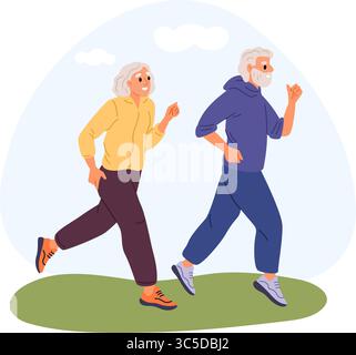 Ältere Athleten. Pensionierte Männer und Frauen, die in der Natur joggen. Aktiver gesunder Lebensstil. Senioren-Paar-Sporttraining im Freien. Ältere Menschen laufen rein Stock Vektor