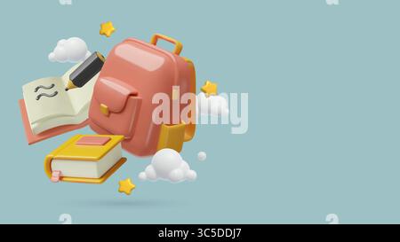 Bildungshintergrund mit Schulrucksack, Büchern und Bleistift mit Sternen und Wolken. Stock Vektor
