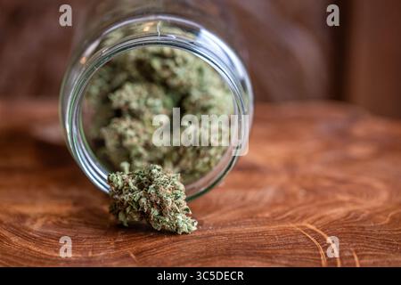 Glasgefäß mit selbst angebauten getrockneten Cannabis-Knospen Stockfoto