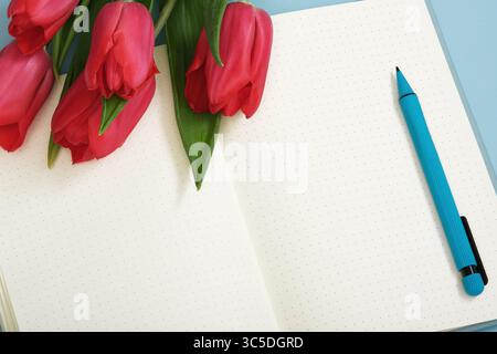 Rote Tulpen liegen auf der leeren Seite des Notizbuchs. Platz für Ihren Text. Stockfoto