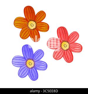 Abstrakte Blumen in Aquarellen. Handgezeichnete Blumenillustration mit hellrosa, roten und lila Pflanzen. Illustration für Grußkarten oder Hochzeitseinladungen Stockfoto