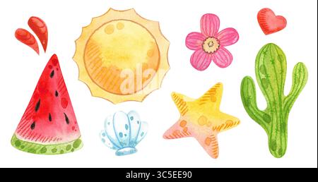 Aquarellillustration von Sommerferienelementen. Handgezeichnete Wassermelonenscheibe, Sonne, Muscheln, Blumen und Kakteen Stockfoto