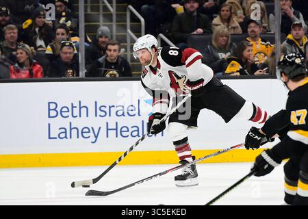 8. Februar 2020: Der rechte Flügel Phil Kessel (81) der Arizona Coyotes schießt während des NHL-Spiels zwischen den Arizona Coyotes und den Boston Bruins im TD Garden in Boston, Mass. Boston besiegt Vancouver mit 4:0. Eric Canha/CSM(Kreditbild: &Copy; Eric Canha/CSM via ZUMA Wire) Stockfoto