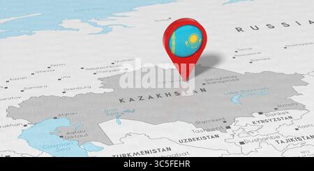 Kasachstan, Astana - Standort-Pin mit Nationalflagge auf politischer Karte - 3D-Illustration Stockfoto