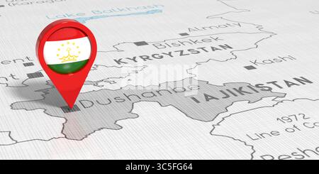 Tadschikistan, Duschanbe - Positionsnadel mit Nationalflagge auf politischer Karte - 3D-Illustration Stockfoto