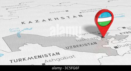 Usbekistan, Taschkent - Standort-Pin mit Nationalflagge auf politischer Karte - 3D-Illustration Stockfoto