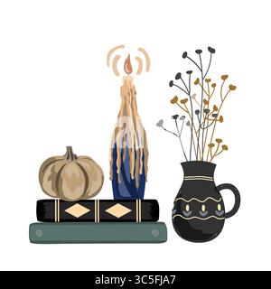 Ästhetische Herbstkomposition mit Büchern, Kürbis, Kerzen und getrockneten Pflanzen in einem Keramikkkrug. Vektor-Herbstillustration Stock Vektor