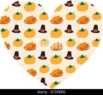 Kürbis gebratener Truthahn auf Gericht und Pilgerhut Buntes Muster auf Herzform Hintergrund Thanksgiving. Isolierte Vektor-Illustration Herbst Feiertag Grußkarte Hintergrund Banner, Faltblatt, Etikett, Preisschild Stock Vektor