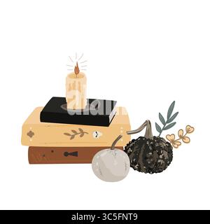 Ästhetische Komposition des Herbstes mit Büchern, Kürbissen, Kerzen und getrockneten Pflanzen. Halloween Dekoration. Vektor-Herbstillustration Stock Vektor