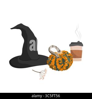 Ästhetische Halloween-Komposition mit Hexenhut, Warzenkürbis und Papierkaffeetasse. Vektor-Herbstillustration. Stock Vektor