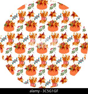 Hallo Herbsttext auf Becher und Kürbis mit Herbstlaub-Blumenstrauß und Hagebuttenzweig-Muster auf Circle. Isolierte Vektor-Illustration Herbst Feiertag Themen Karten Fond Thanksgiving Grußfahne, Flugblätter Stock Vektor
