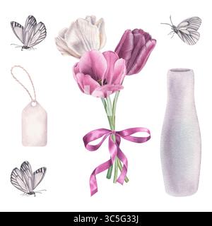 Tulpenstrauß mit Schleife, weiße Keramikvase, weiße Schmetterlinge und Anhänger. Handgezeichnete Aquarellillustration von Frühlingsblumen auf isoliertem Hintergrund Stockfoto