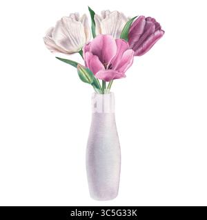 Tulpenstrauß in einer weißen Keramikvase. Handgezeichnete Aquarellillustration von Frühlingsblumen mit grünen Blättern und Knospen auf isoliertem Hintergrund. Flo Stockfoto