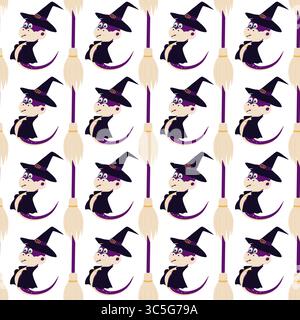 Halloween Schlange in Hexenhut und Mantel mit Besen nahtlosem Muster Halloween Thematic Hintergrund Idee. Isolierte Vektor-Illustration Halloween Gruß Hintergrund Party Einladung oder Banner, Flugblätter, Preis Stock Vektor
