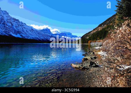 6. Oktober 2018, Lake Louise, Alberta, Kanada: Evergreens Teppiche an den Ausläufern der schneebedeckten Rocky Mountains, die das ruhige türkisfarbene Wasser des Lake Louise in Alberta, Kanada, umrahmen. (Kreditbild: © Chuck David / Vwpics/VW Pics via ZUMA Wire) Stockfoto