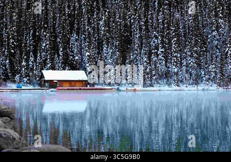 6. Oktober 2018, Lake Louise, Alberta, Kanada: Eine kleine Holzhütte umhüllt von Evergreens am ruhigen Ufer des Lake Louise vermietet Canoes, Alberta, Kanada. (Kreditbild: © Chuck David / Vwpics/VW Pics via ZUMA Wire) Stockfoto