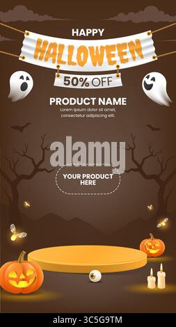 Halloween-Verkauf im Story-Format für soziale Medien mit Produktpräsentation und Designs mit Halloween-Elementen wie Kürbissen, Kerzen und Geistern. Braun Stock Vektor