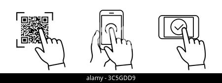 Handheld-Mobiltelefon mit leerem Bildschirm in Linienform auf weißem Hintergrund. Touchscreen mit QR-Code, Bestätigungsschild. Stock Vektor