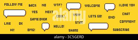 Pixel-Sprechblasen. Chat-Sprache oder Dialog. Satz leerer Pixel-Sprechblasen. Vektorabbildung auf gelbem Hintergrund Stock Vektor