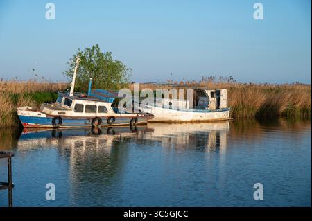 Verlassene Boote ruhen auf dem Wasser in der Nähe von Schilf im Donaudelta Stockfoto