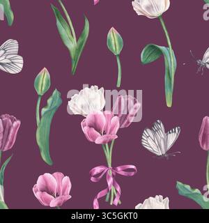 Nahtloses botanisches Muster mit Tulpen, Schmetterlingen und Schleife in violetten und weißen Farben. Handgezeichnete Aquarellillustration von Frühlingsblumen auf Burgun Stockfoto