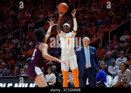 16. Februar 2020: Rennia Davis #0 der Tennessee Lady Vols schießt den Ball über N'dea Jones #31 der Texas A&M Aggies während des NCAA Basketballspiels zwischen den University of Tennessee Lady Volunteers und der Texas A&M University Aggies in der Thompson Boling Arena in Knoxville, TN Tim Gangloff/CSM(Credit Image: &Copy; Tim Gangloff/CSM via ZUMA Wire) Stockfoto