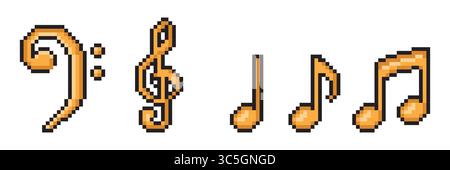 Pixelart der Notensymbole, Notensymbol, Vektorabbildung 8 Bit, 16 Bit. Stock Vektor