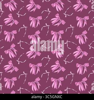 Nahtloses Aquarellmuster mit Satinschleifen isoliert auf burgunderrotem Hintergrund. Handgezeichnete Abbildung. Zartes Pastelldesign wird für Backgr. Verwendet Stockfoto