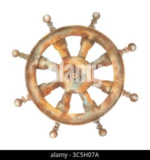 Ein rostiges Lenkrad. Handgezeichnete Aquarellillustration eines Ruders von einem versunkenen Schiff auf einem isolierten Hintergrund. Skizze eines Vintage-Metallelements f Stockfoto